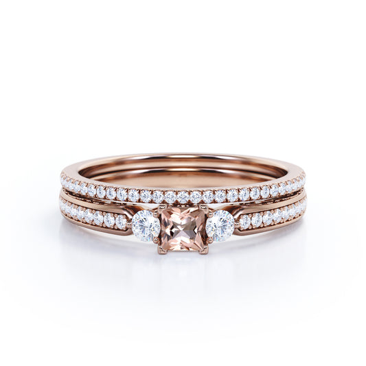Antique trio 1 carat Princess cut Pink Morganite and pave diamonds eternity wedding ring set for her in Rose gold