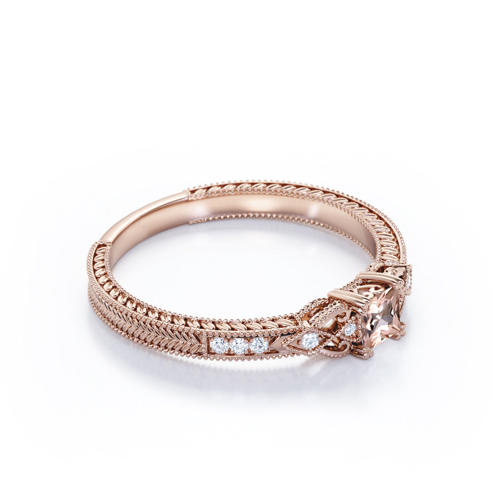 Exquisite leaf filigree and Milgrain 0.75 carat Princess cut intricate engagement rings in rose gold