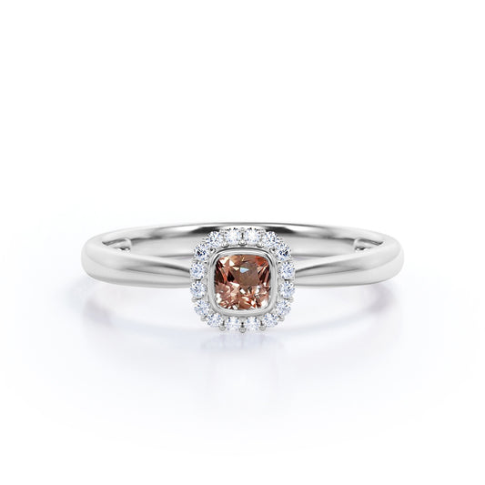 Pinched Shank setting 0.65 carat Cushion cut Morganite and diamond Floral halo engagement ring in White gold