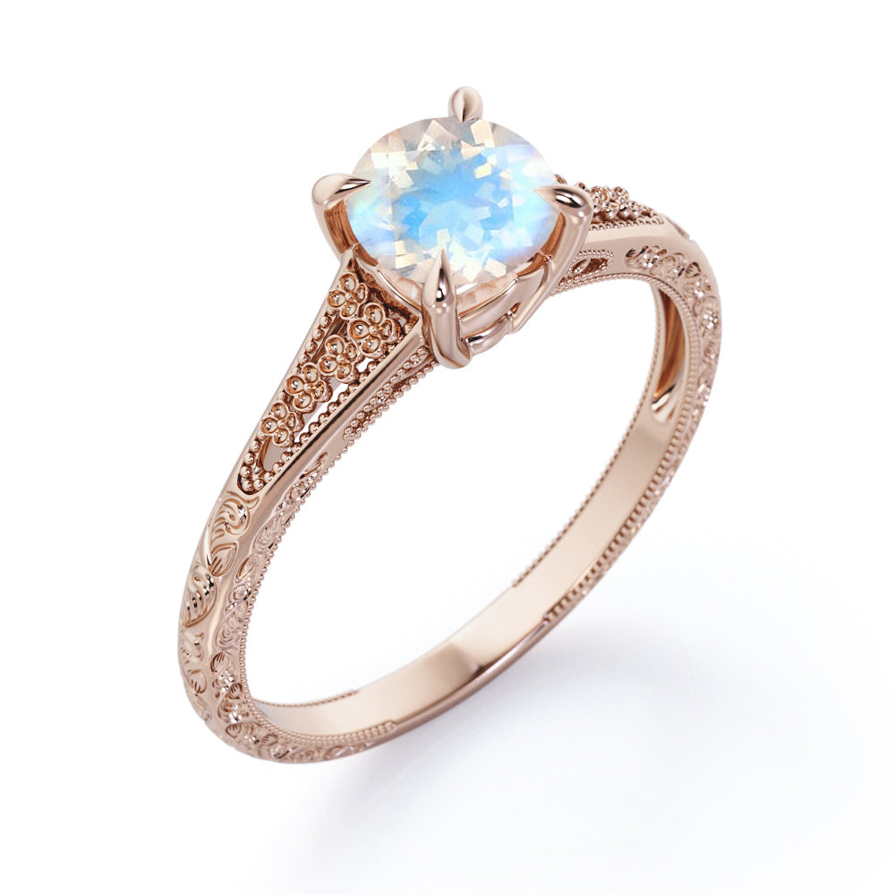 Solitaire 1 carat Round cut Moonstone claw prong setting-filigree split shank engagement ring in Rose gold