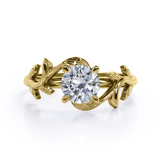 Solitaire 1 carat Round cut Moissanite prong style engagement ring yellow gold