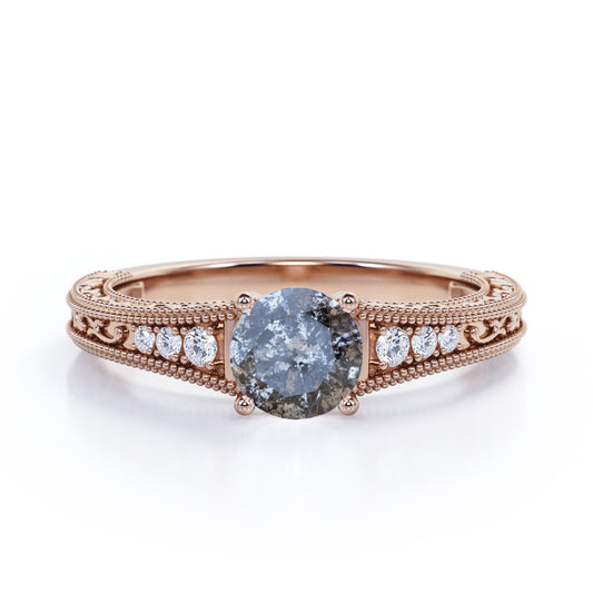 Vintage Scrollwork 0.65 carat Round cut Salt and pepper diamond and White diamond Milgrain engagement ring in Rose gold