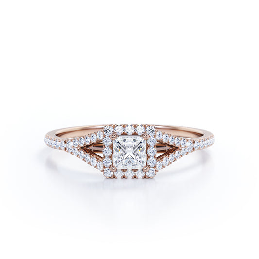 Halo Split shank 0.75 carat Princess cut Moissanite and diamond engagement ring in Rose gold