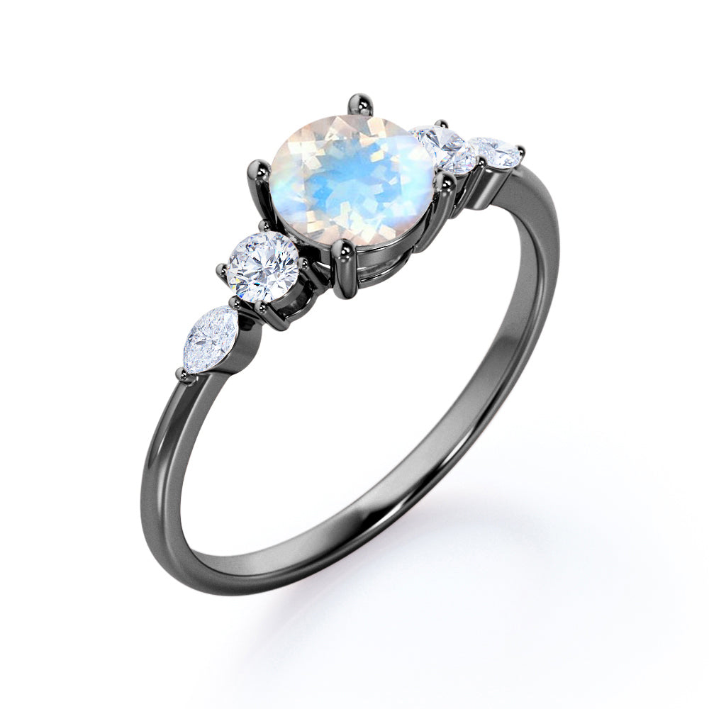 Artistic Five stone 1.1 carat Round cut Moonstone and diamond pinched shank engagement ring in Black gold