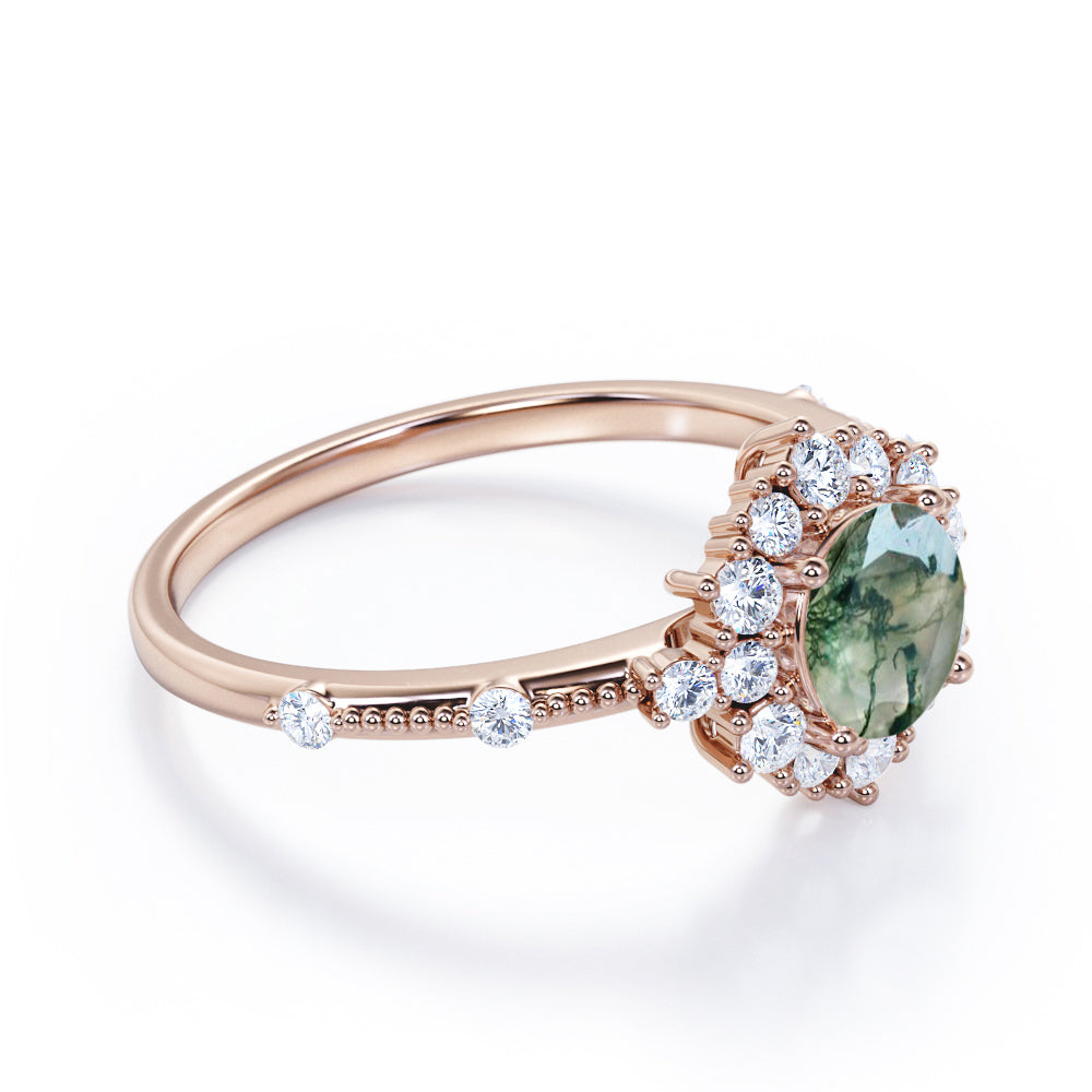 Engraved Vintage 1.25 carat Round cut Moss Green Agate and diamond Edwardian art deco engagement ring in Rose gold
