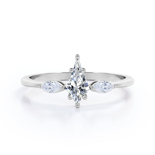 Unique 3 stone  1.1 carat Kite shaped Moissanite and marquise diamonds engagement ring in White gold