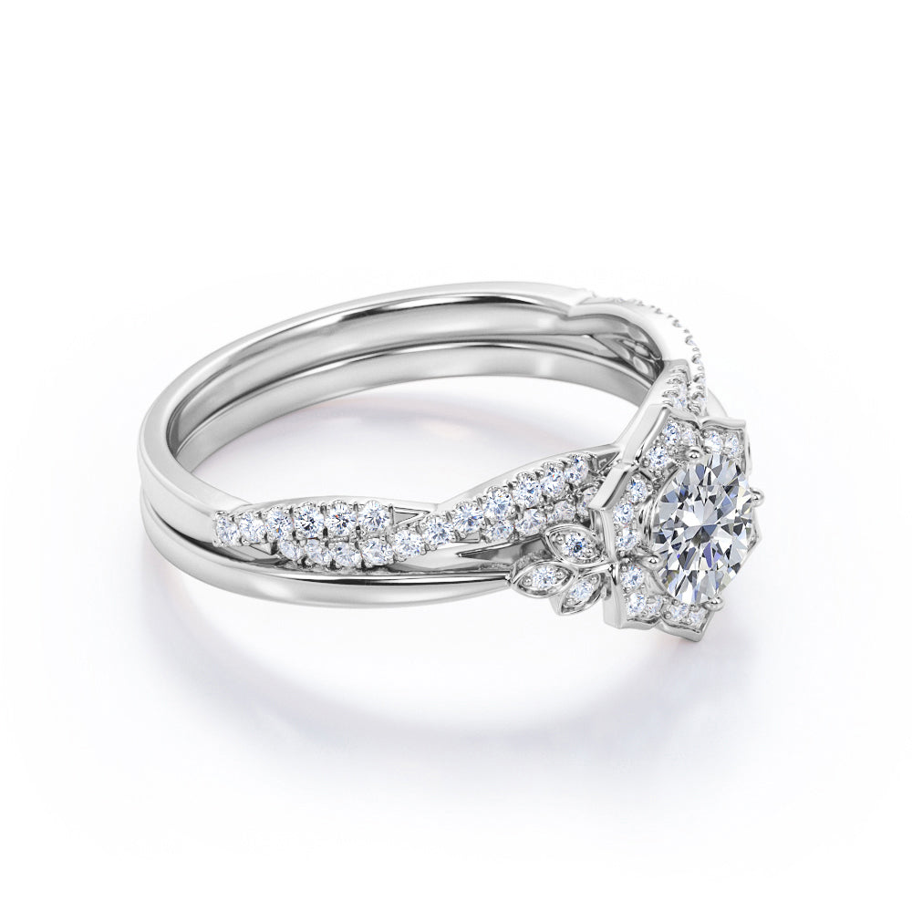 Flower vintage 1.43 carat Round cut Diamond half twisted infinity wedding ring set for women in Gold