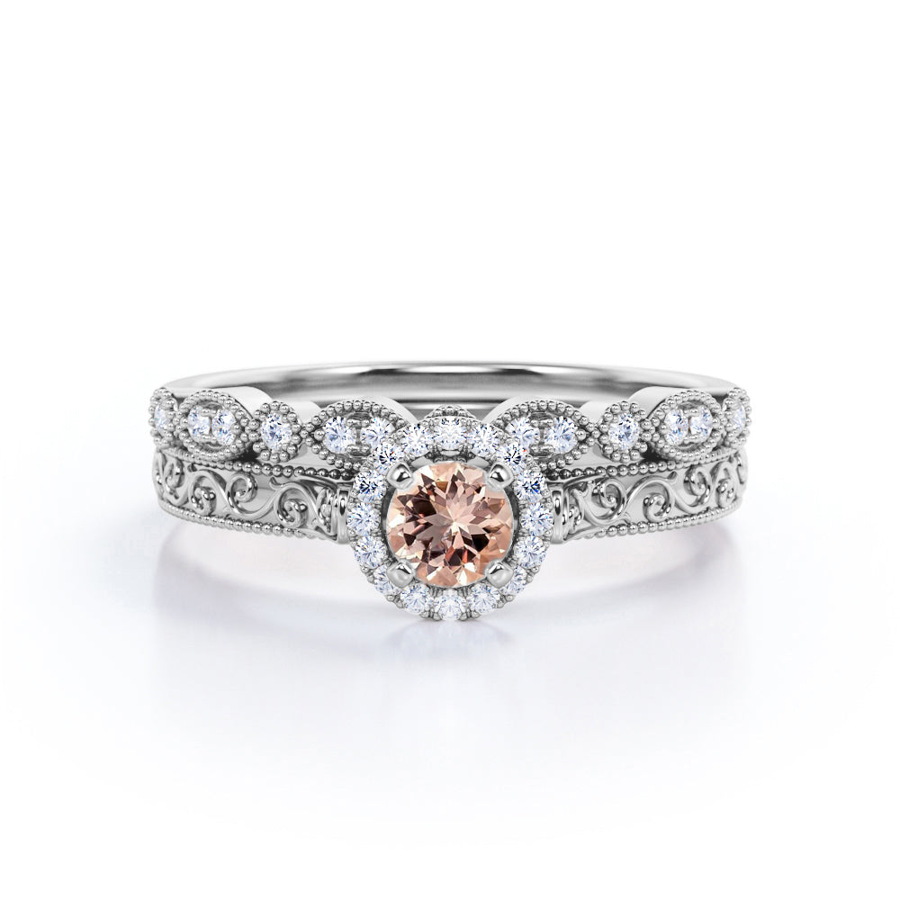 Antique Bridal 1 carat Round cut Morganite and diamond-Filigree and Milgrain-classic halo wedding ring set in White gold