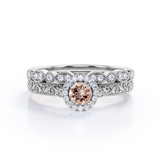 Antique Bridal 1 carat Round cut Morganite and diamond-Filigree and Milgrain-classic halo wedding ring set in White gold