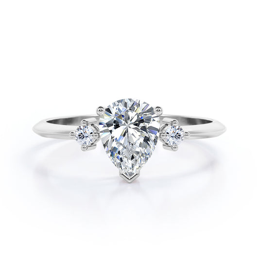 Classic Trinity 1 carat Pear shaped Moissanite and diamond-prong setting-pinched shank engagement ring in White gold