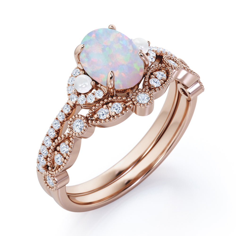 Milgrain border 1.75 carat Oval cut Opal, pearl and diamond vintage art deco Bridal set in Rose gold
