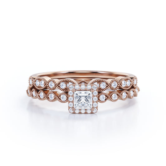 Antique twisted style 1 carat Princess cut Moissanite and diamond art deco halo wedding ring set in Rose gold