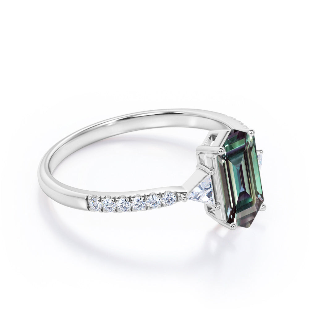 Pave three stone1.25 carat Hexagon shaped Synthetic Alexandrite and diamond trillion engagement ring in White gold