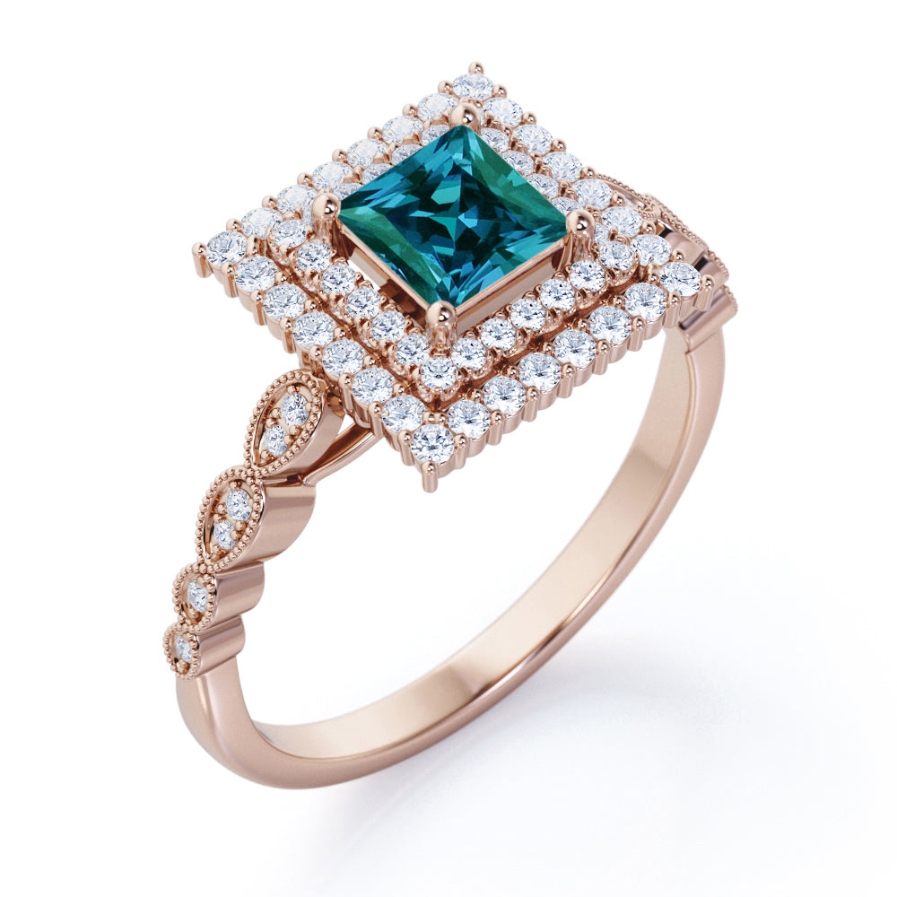 Grandiose 1.65 carat Princess cut Synthetic Alexandrite and diamond double halo and milgrain engagement ring in Rose gold