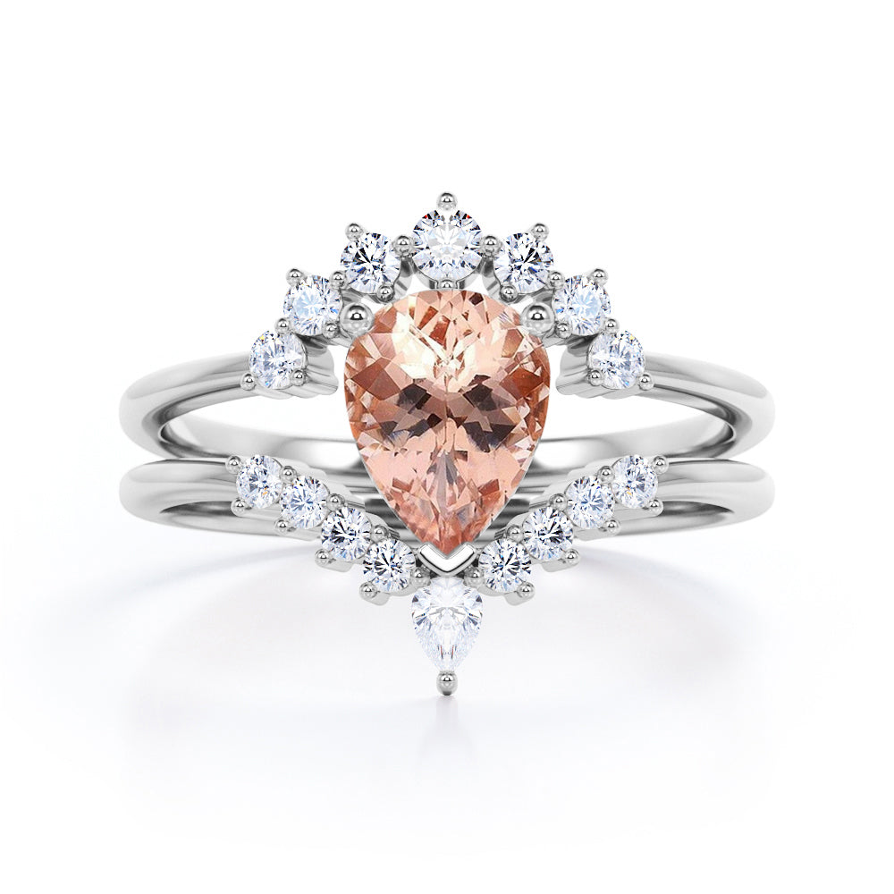 Artistic Tiara Chevron 1.45 carat Pear Shaped Morganite and diamond Bridal set for women in White gold
