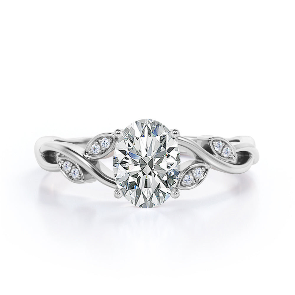 Twisted Vine 1.1 carat Oval cut Moissanite and diamond marquise bezel engagement ring in White gold