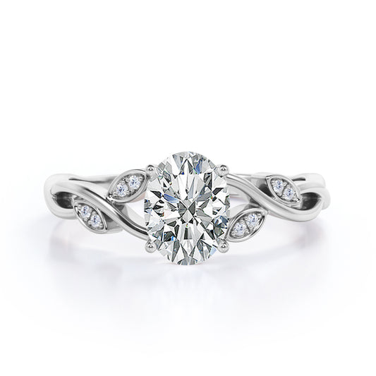 Twisted Vine 1.1 carat Oval cut Moissanite and diamond marquise bezel engagement ring in White gold