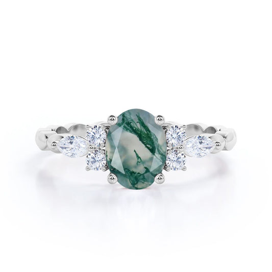 Marquise Twisted Rope design 1.15 carat Oval cut Moss Green Agate and diamond engagement ring in White gold