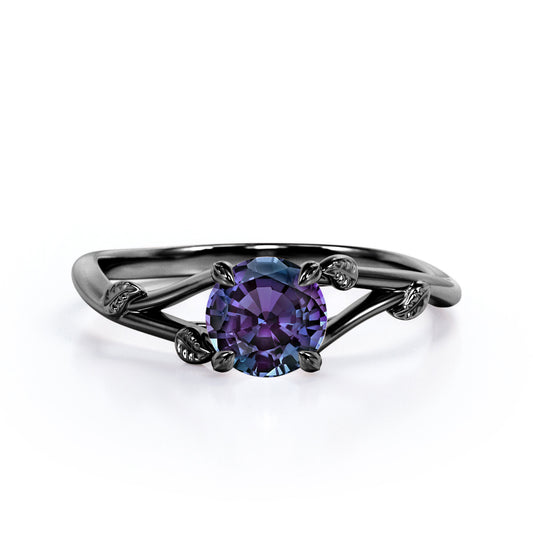 Nature inspired 1 carat Round cut Lab created Alexandrite vine split shank engagement ring in Black gold