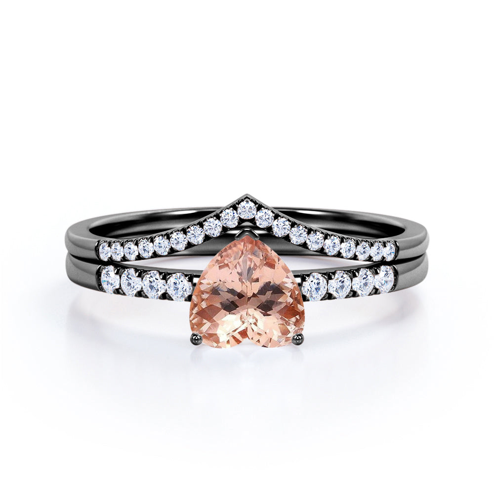 Exquisite Chevron 1.45 carat Heart shaped Morganite and diamond vintage wedding ring set in Black gold