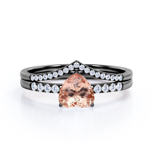 Exquisite Chevron 1.45 carat Heart shaped Morganite and diamond vintage wedding ring set in Black gold