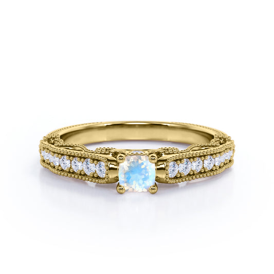 Authentic Filigree and Milgrain 0.75 carat Round cut Rainbow Moonstone and diamond art deco engagement ring in Yellow gold