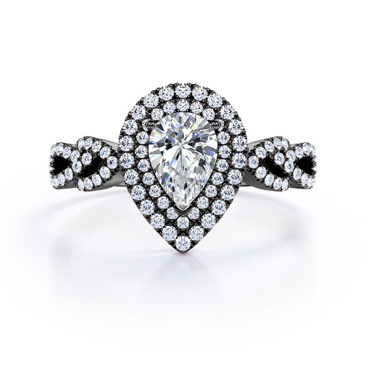 Artistic infinity 1.75 carat Pear cut Moissanite and diamond vintage halo engagement ring in Black gold