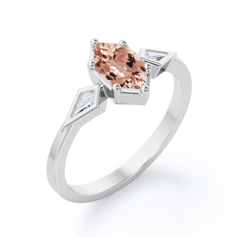 Intricate three stone 1.1 carat Hexagon shaped Morganite and kite diamond engagement ring in White gold