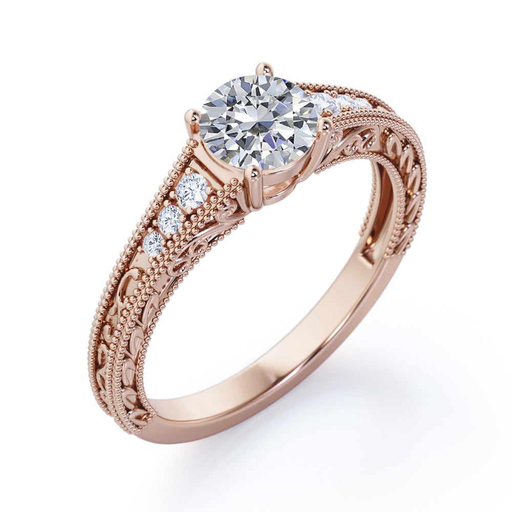Vintage Tapered style 1.1 carat Round cut Moissanite and diamond Edwardian filigree engagement ring in rose gold