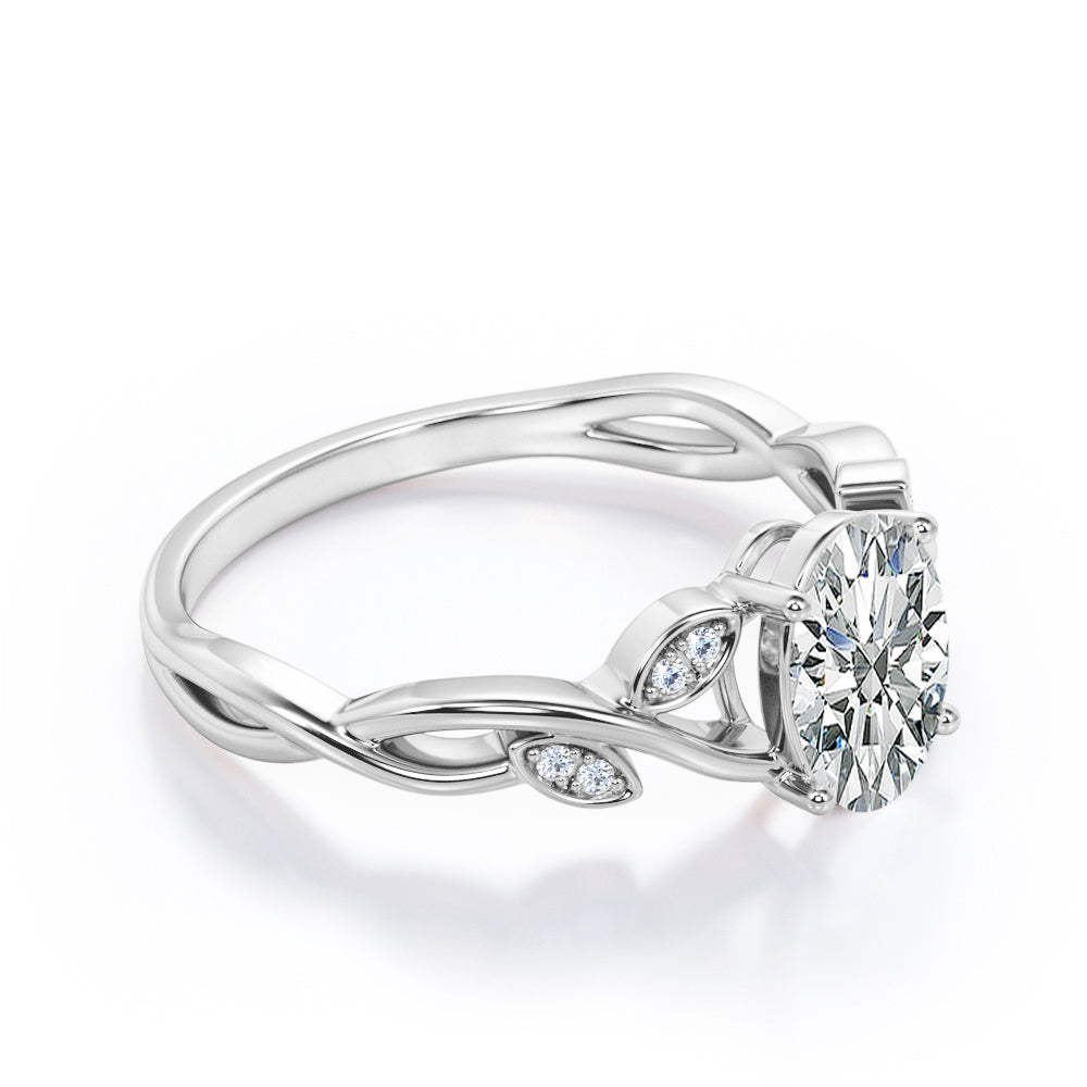 Twisted Vine 1.1 carat Oval cut Moissanite and diamond marquise bezel engagement ring in White gold