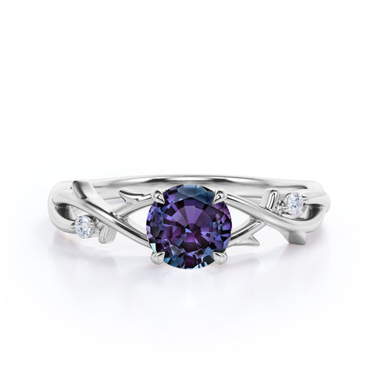Four Claw Prong 1 carat Round cut Alexandrite and diamond earthy engagement ring in White gold