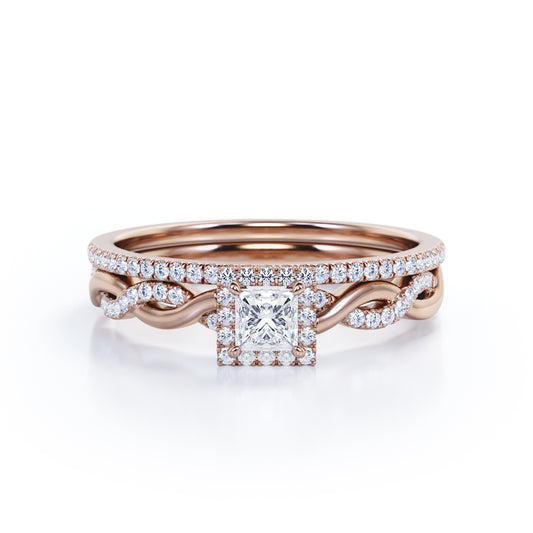 Infinity style 0.8 carat Princess cut Moissanite and diamond twisted halo engagement ring set in rose gold-Bridal set