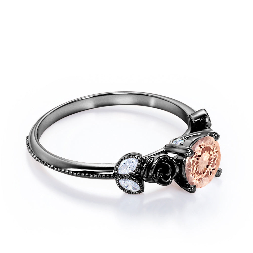 Romantic Roses 1.1 carat Round cut Morganite and diamond marquise milgrain engagement ring in Black gold