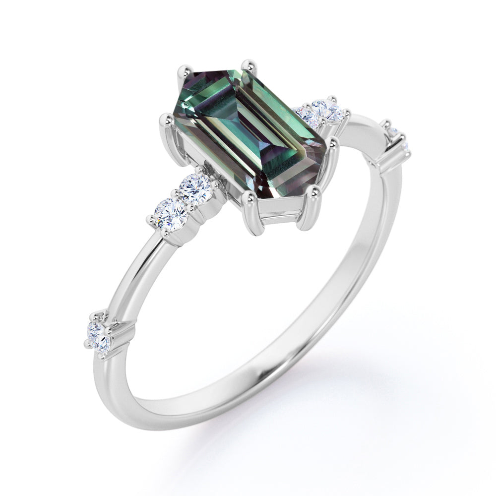 Asymmetric Prong 1.1 carat Hexagon shaped Alexandrite and diamond engagement ring for women in White gold