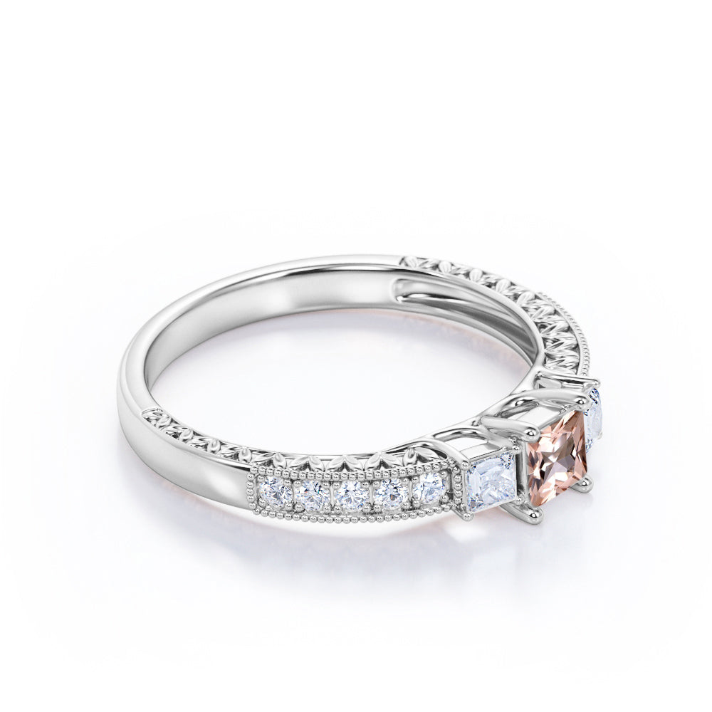 Petite Milgrain 0.75 carat Princess cut Morganite and diamond 3 stone engagement ring in White gold