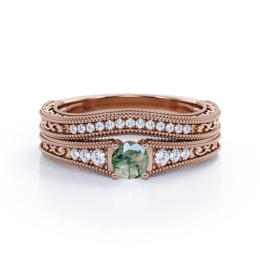 0.75 carat Round cut Moss Green Agate and diamond contoured filigree and milgrain Bridal ring set in Rose gold