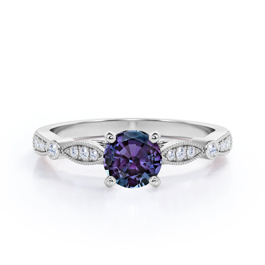 Claw Cathedral setting 1.15 carat Round cut Lab created Alexandrite and diamond art deco engagement ring in White gold