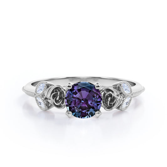 Vintage flowers 1.15 carat Round cut Lab created Alexandrite and diamond milgrain style engagement ring in White gold