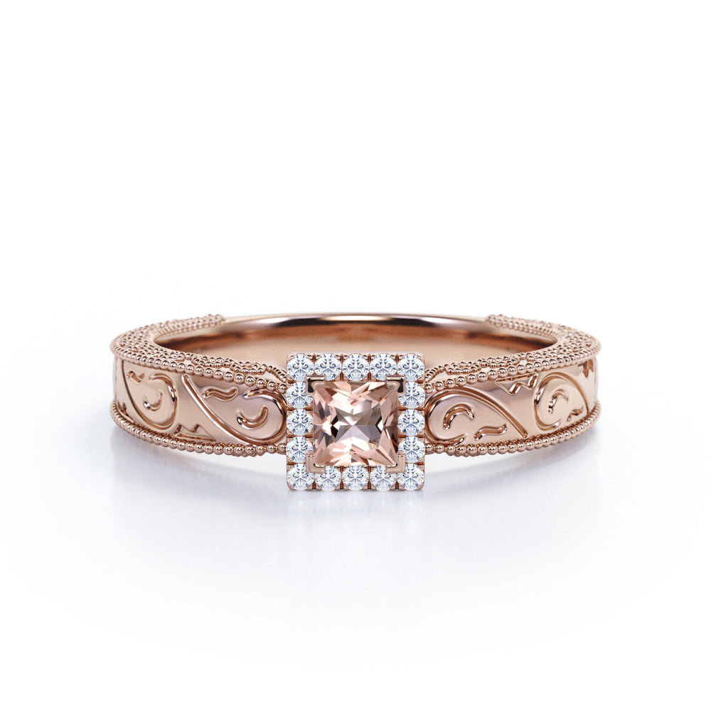 Authentic Edwardian style 0.75 carat Princess cut Pink Morganite and diamond square halo engagement ring in Rose gold