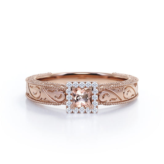 Authentic Edwardian style 0.75 carat Princess cut Pink Morganite and diamond square halo engagement ring in Rose gold