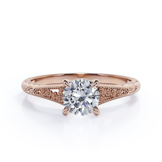 Floral art inspired 1 carat Round cut Moissanite split shank engagement ring in Rose gold