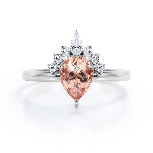 Lovely Tiara 1.15 carat Pear Shaped Peach Pink Morganite and diamond vintage engagement ring in White gold