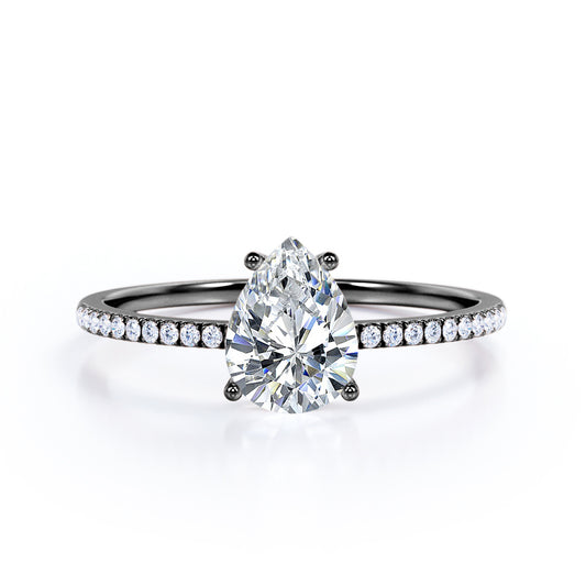 Elegant 1.2 carat Pear shaped Moissanite and diamond vintage prong engagement ring in Black gold