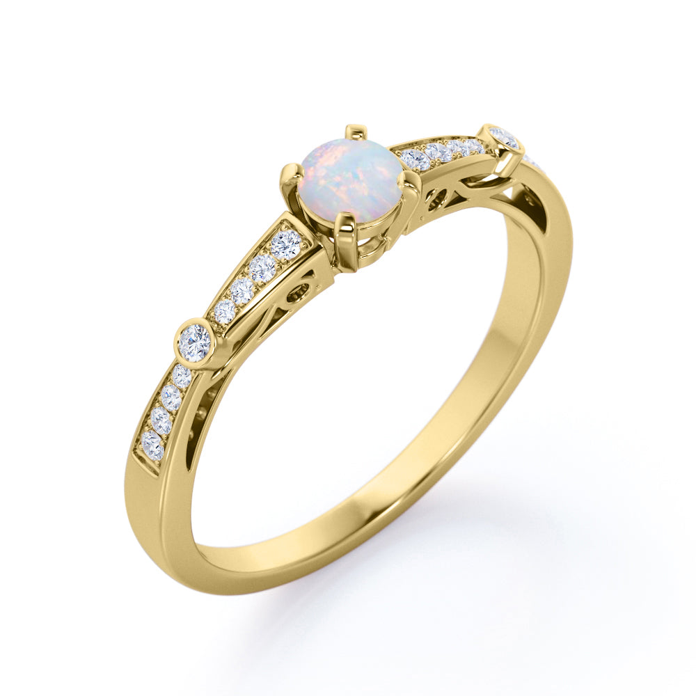 Artistic 0.66 carat Round cut Natural Ethiopian Opal and diamond art deco style engagement ring in Yellow gold