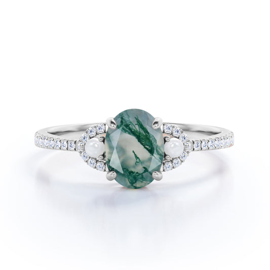 Eternity Pave 1.35 carat Oval shaped Moss Green Agate and diamond with freshwater pearl promise ring in White gold