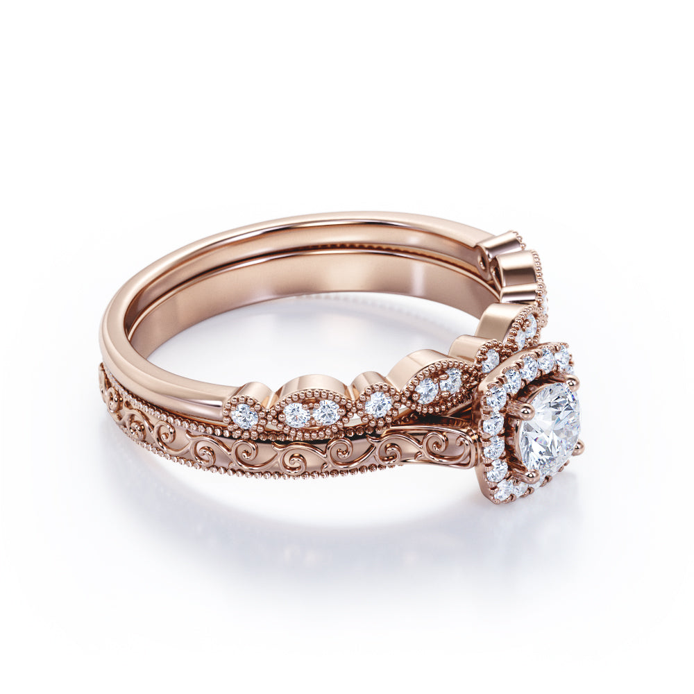 Art deco Filigree 0.75 carat Round cut Moissanite and diamond milgrain and halo Bridal set in Rose gold