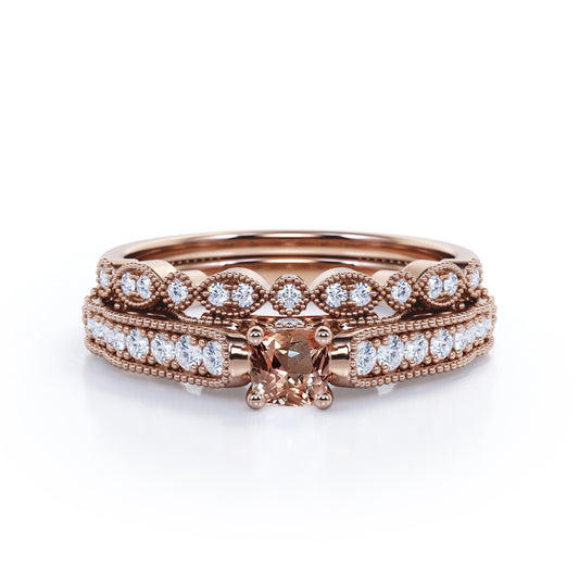 Milgrain Bead Scrollwork 0.75 carat Round cut Peach Morganite and diamond cathedral style wedding ring set in Rose gold