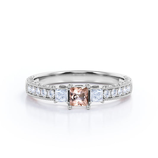 Petite Milgrain 0.75 carat Princess cut Morganite and diamond 3 stone engagement ring in White gold