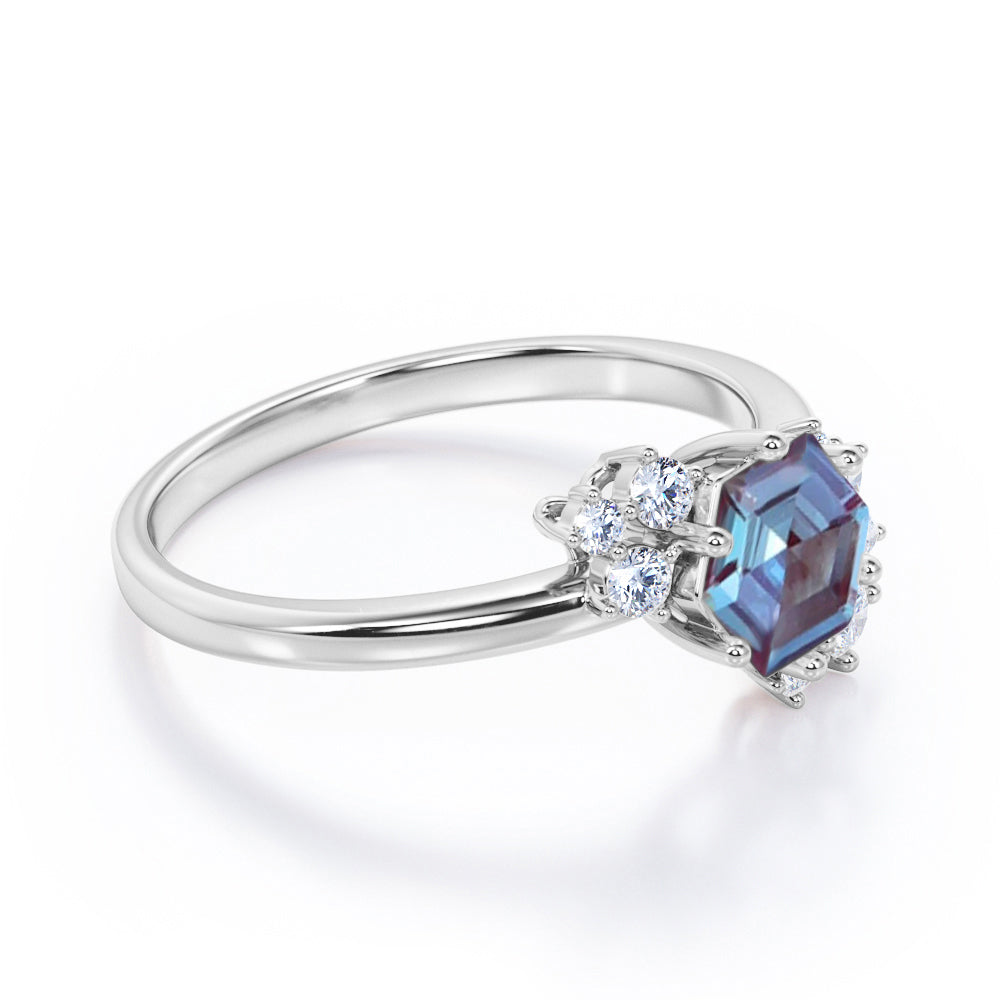 Butterfly style 1.15 carat Hexagon shaped Lab made Alexandrite and diamond marquise and dot engagement ring in Black gold