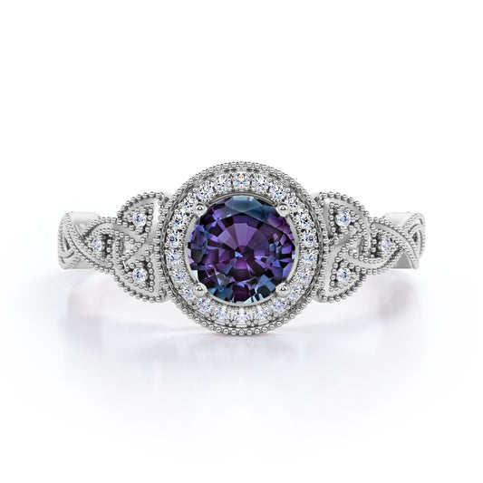 Exquisite halo 1.5 carat Round cut Lab made Alexandrite and diamond-floral patterns-engagement ring in White gold